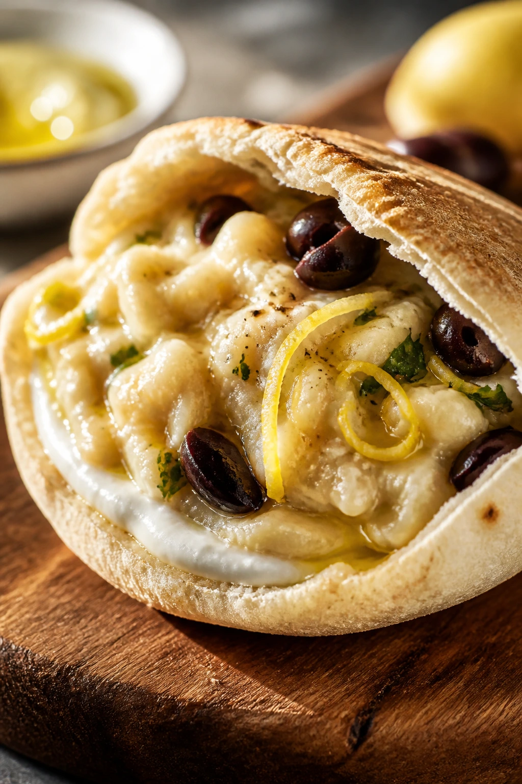 Close-up of a pita filled with creamy white bean spread