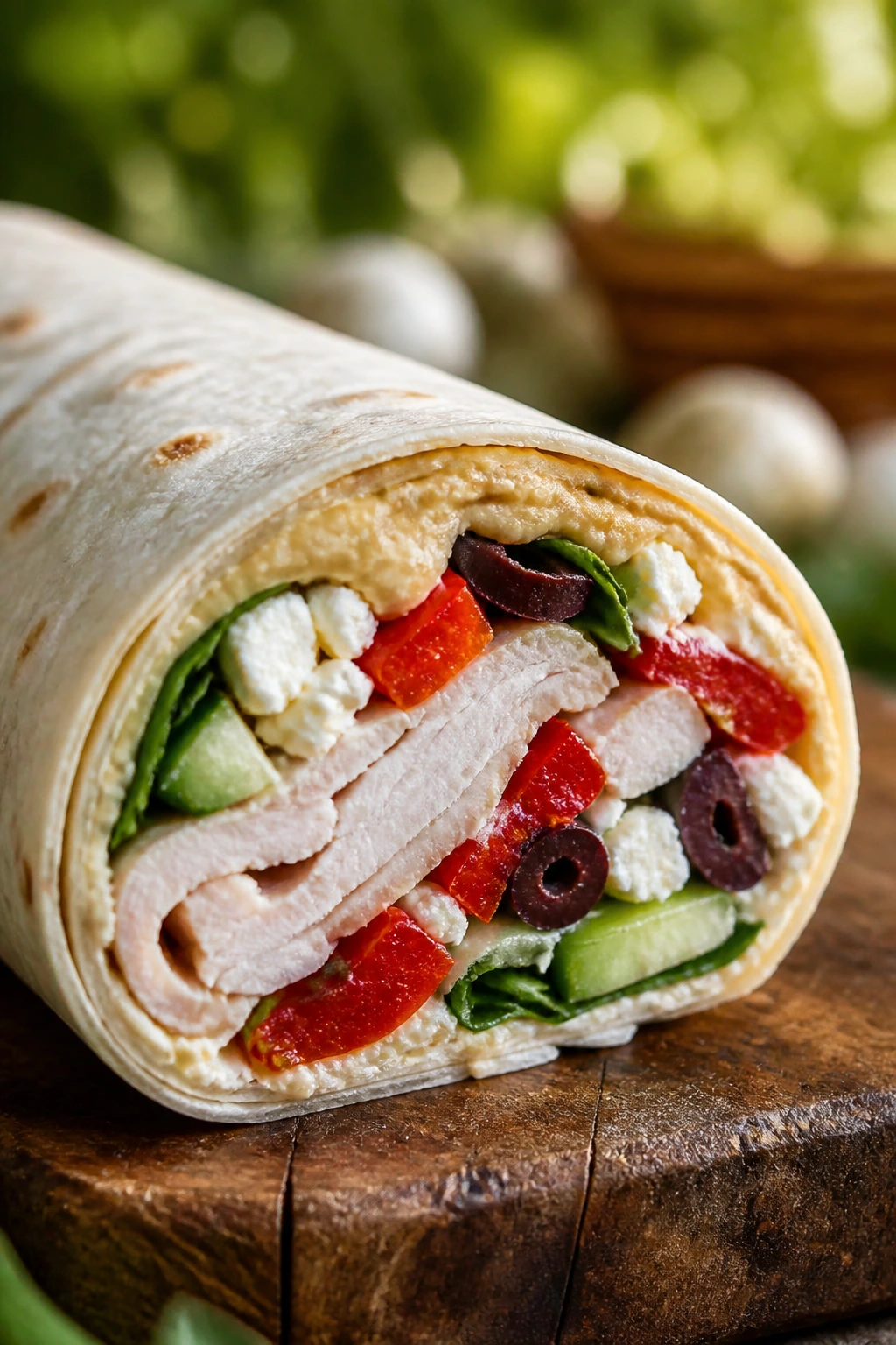 Close-up cross-section of Mediterranean Turkey Feta Wrap on a wooden board outdoors