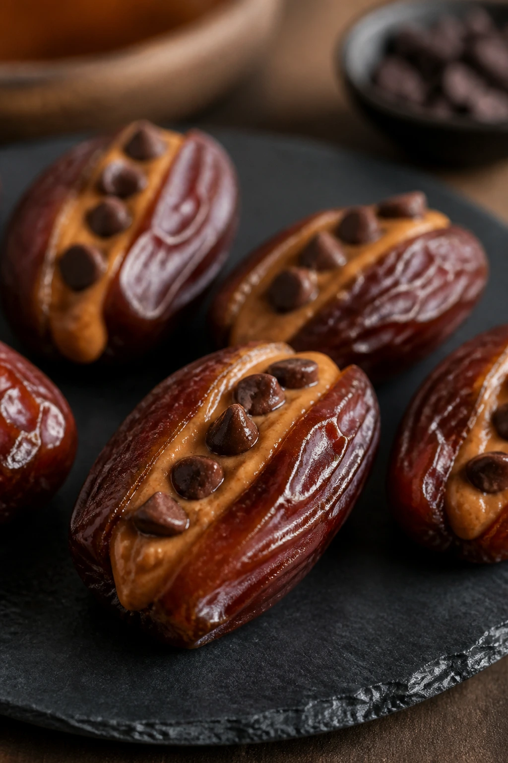 Stuffed Medjool dates with almond butter and chocolate on a plate
