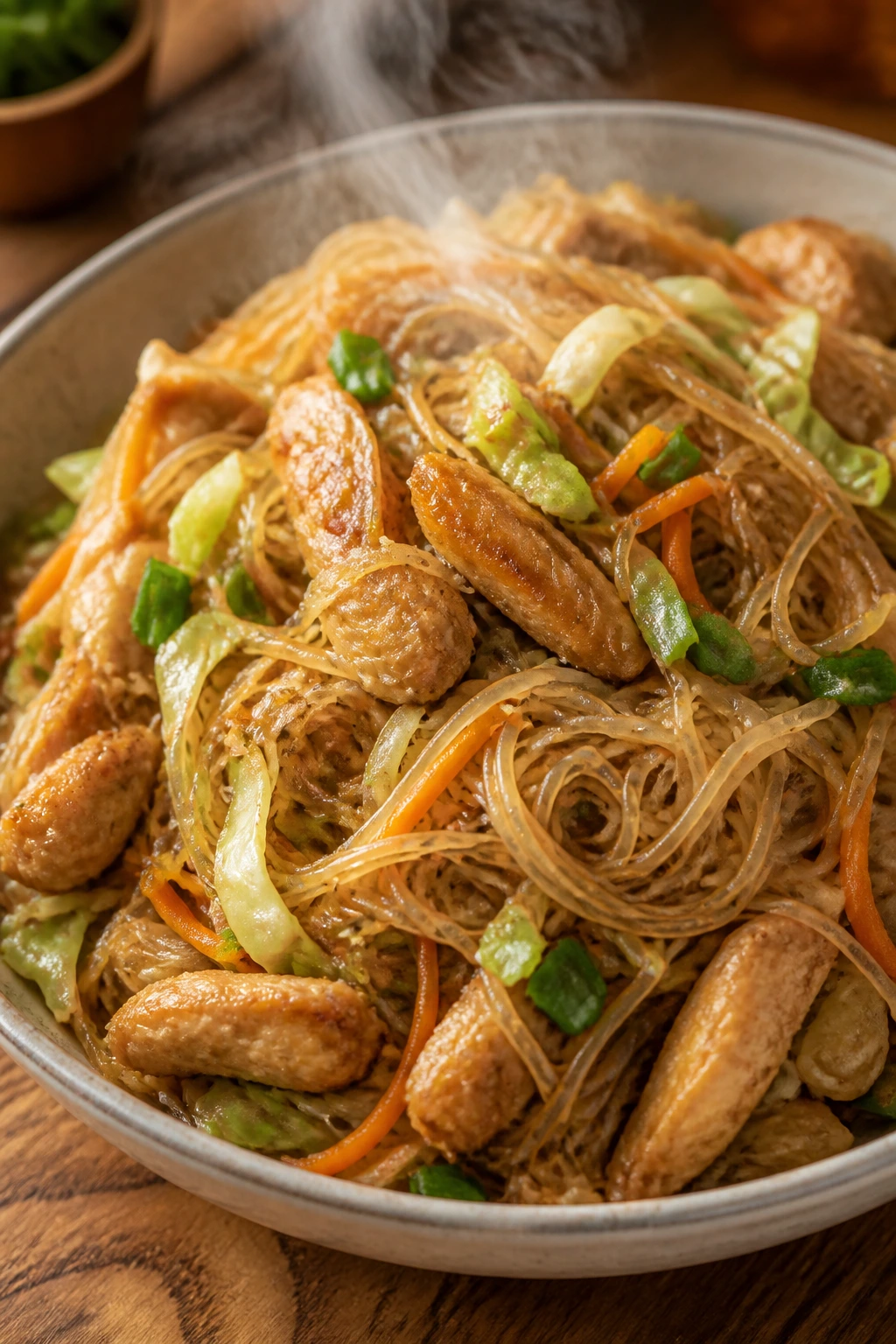 Close-up of Chicken Mei Fun noodles with chicken and vegetables in glossy sauce