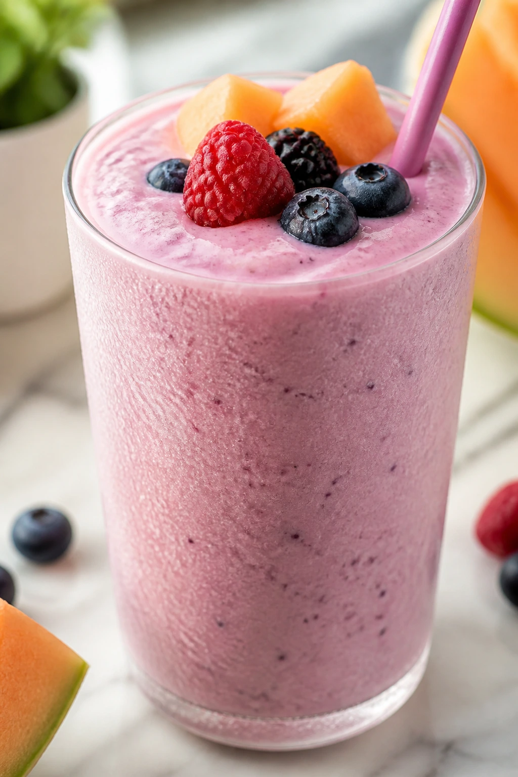 Pale melon berry smoothie in glass with soft lighting