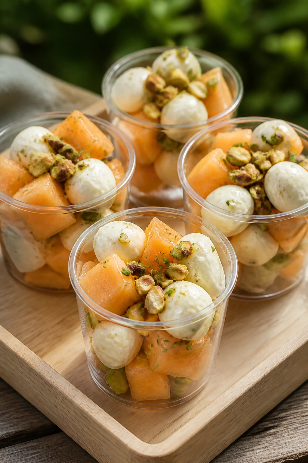 Small cups with melon, mozzarella, and pistachios for a picnic