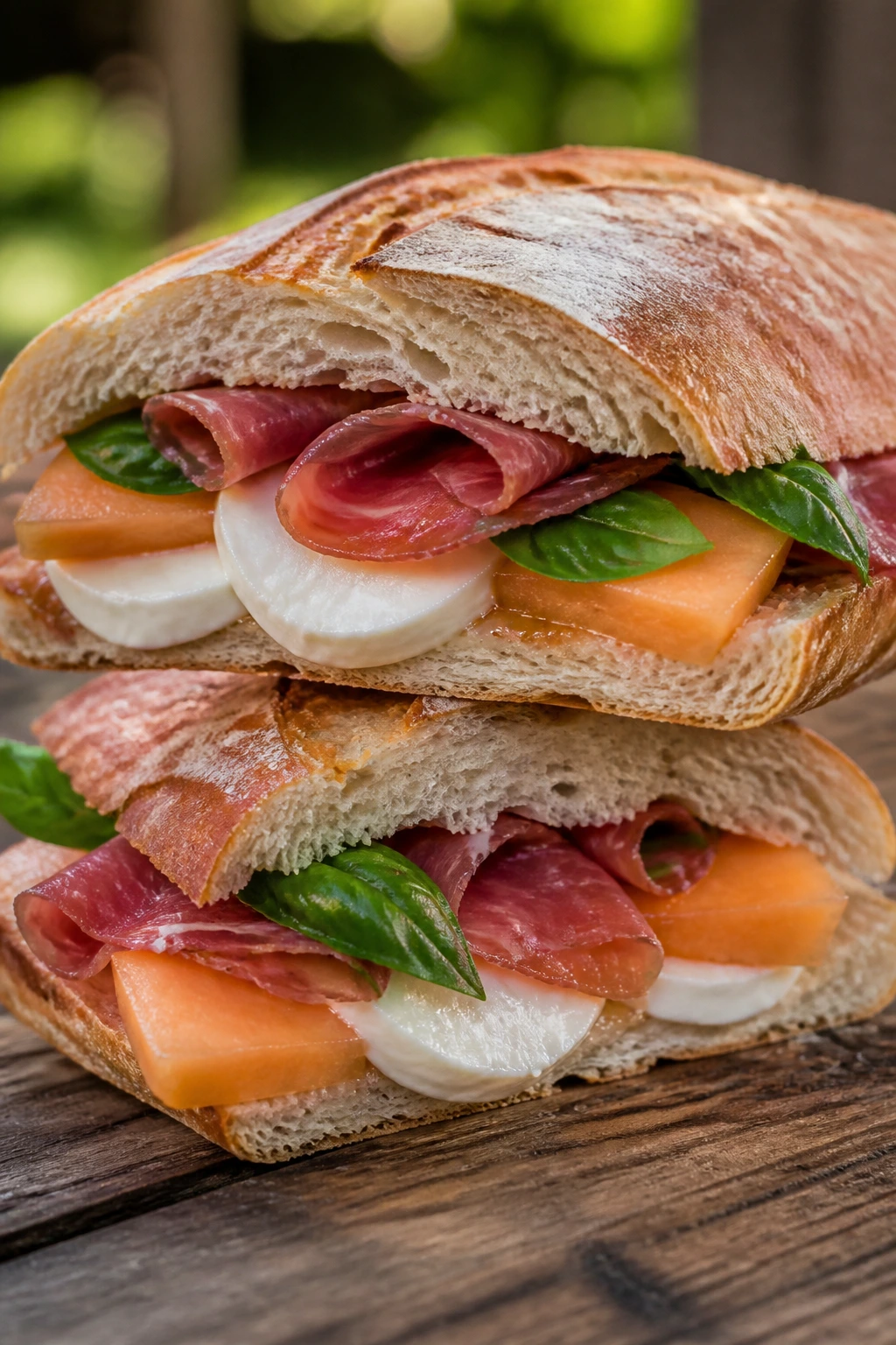 Close-up of mozzarella prosciutto melon sandwich on a wooden picnic table
