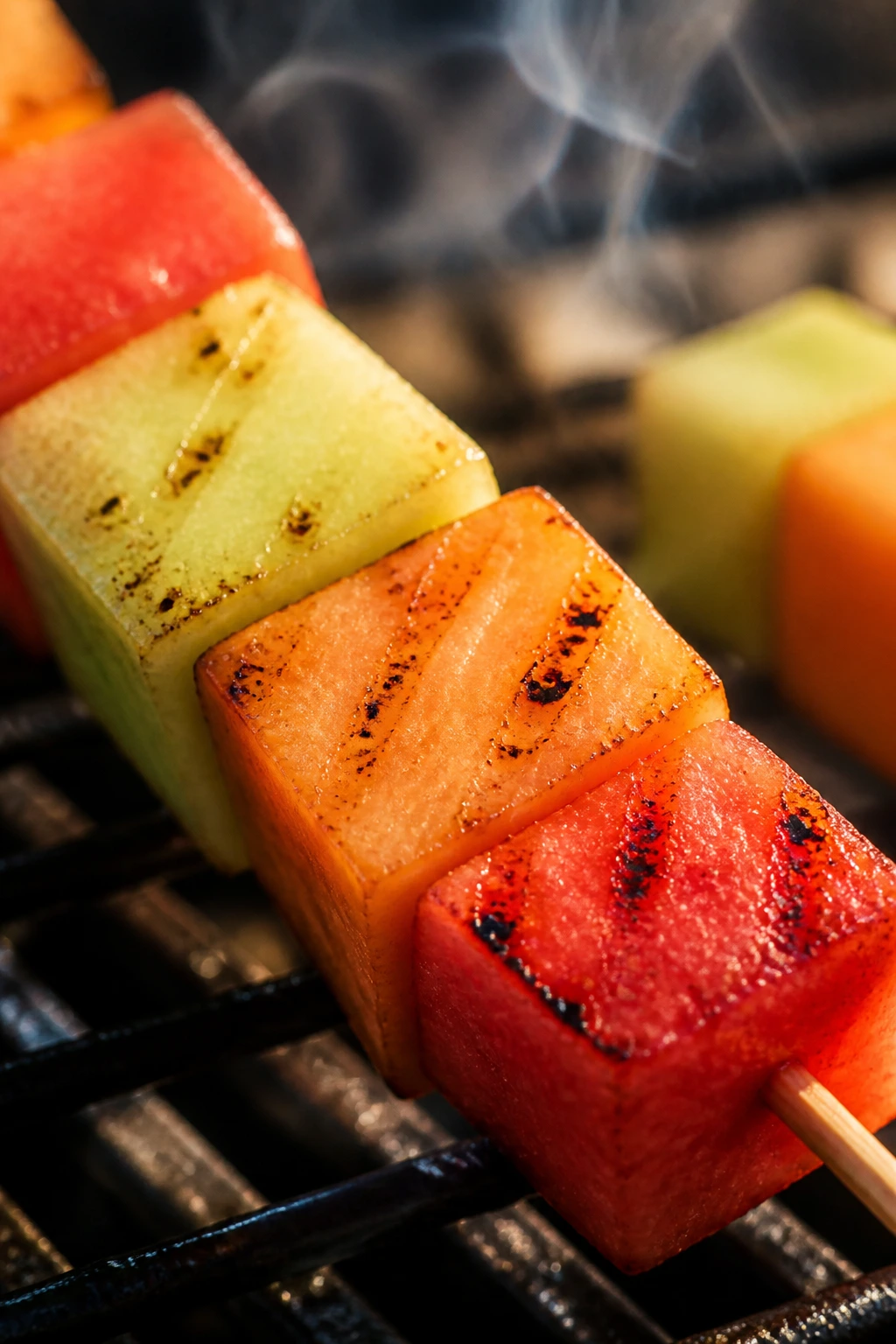 Close-up of watermelon, cantaloupe, and honeydew skewers on a grill