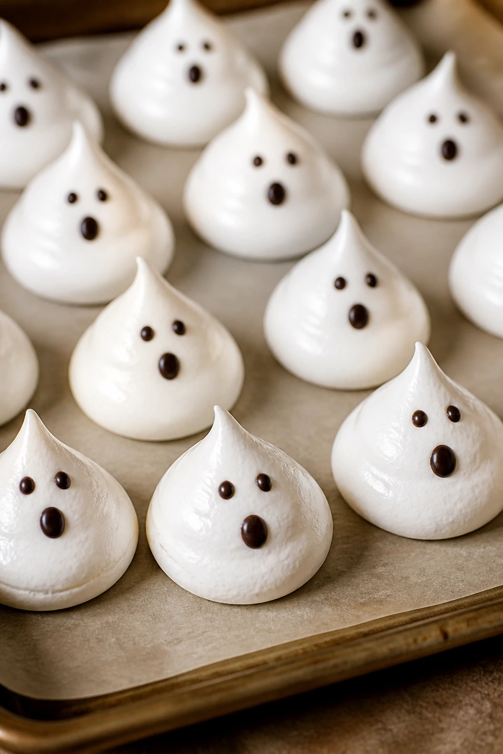 Close-up of meringue ghost kisses on parchment in a softly lit kitchen.