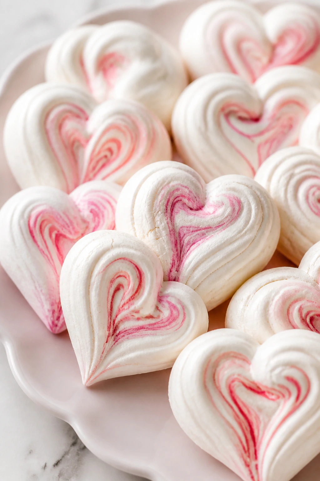 Close-up of glossy meringue hearts with pink swirl on a pastel plate