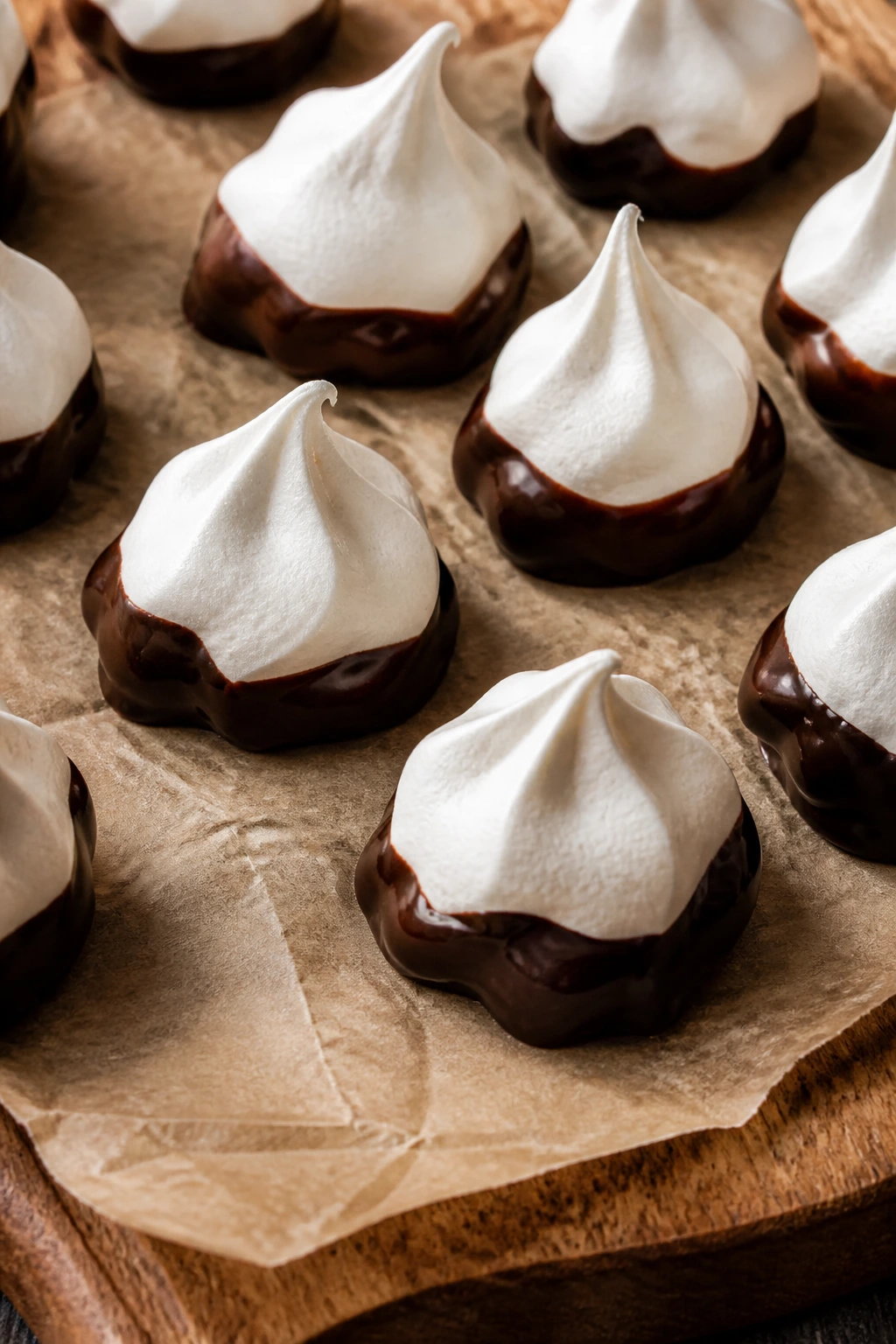 Meringue kisses with chocolate-dipped bases on parchment