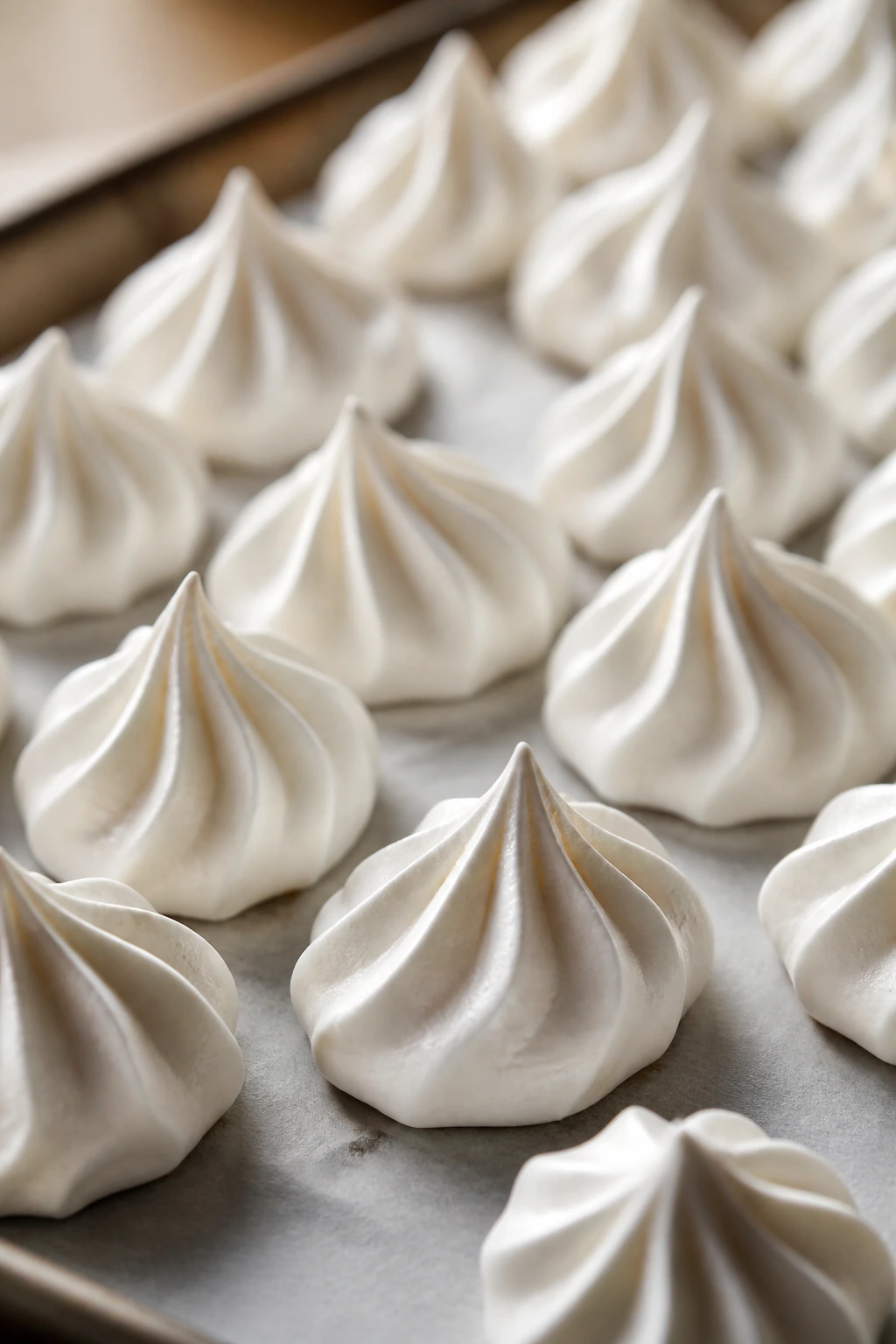 Close-up of airy meringue kisses on parchment in a warm kitchen