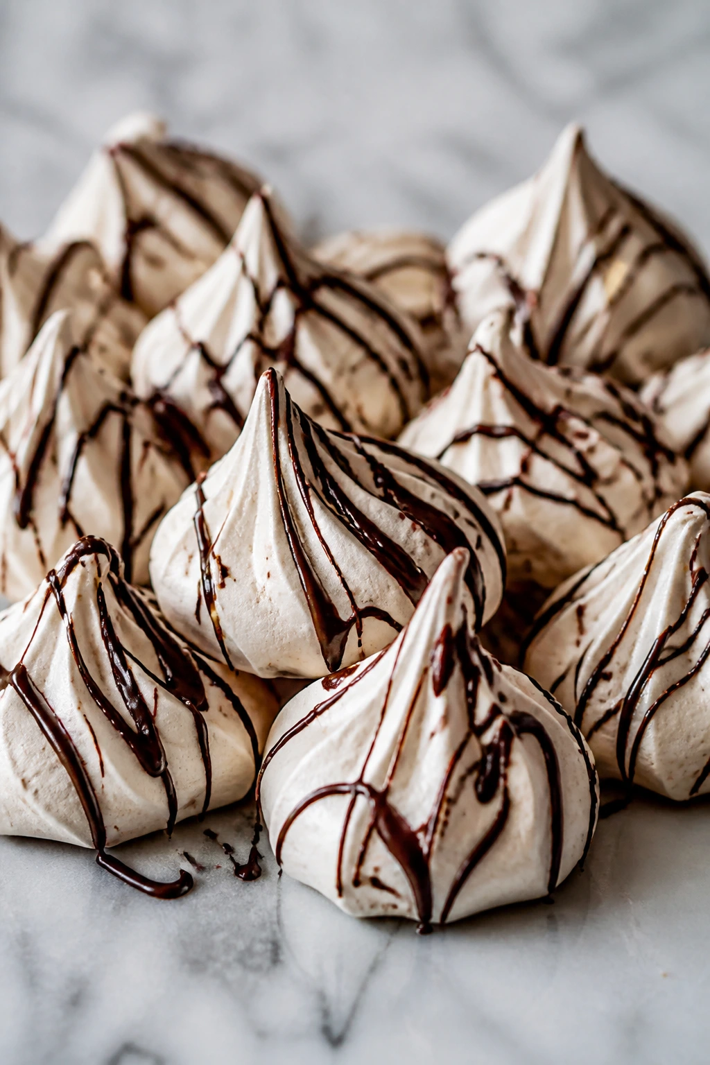 Meringue kisses with cocoa drizzle on marble surface