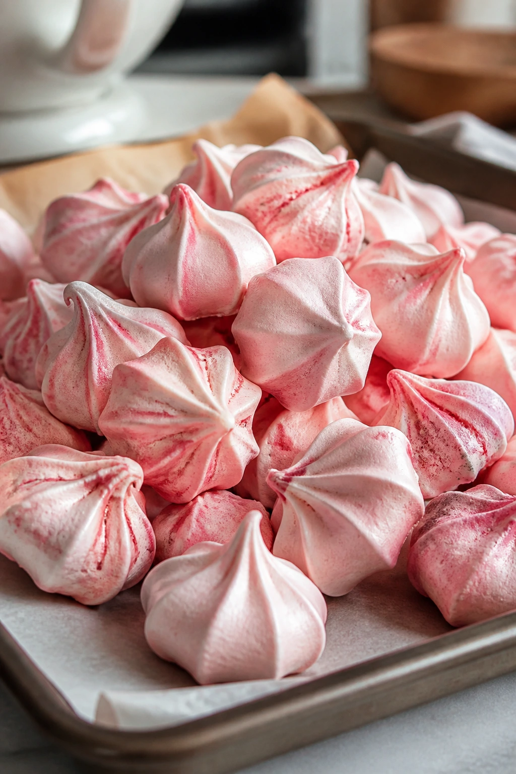 Pile of pink meringue kisses on parchment in kitchen