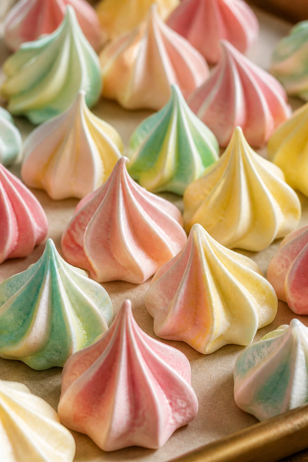 Pastel swirled meringue kisses on parchment