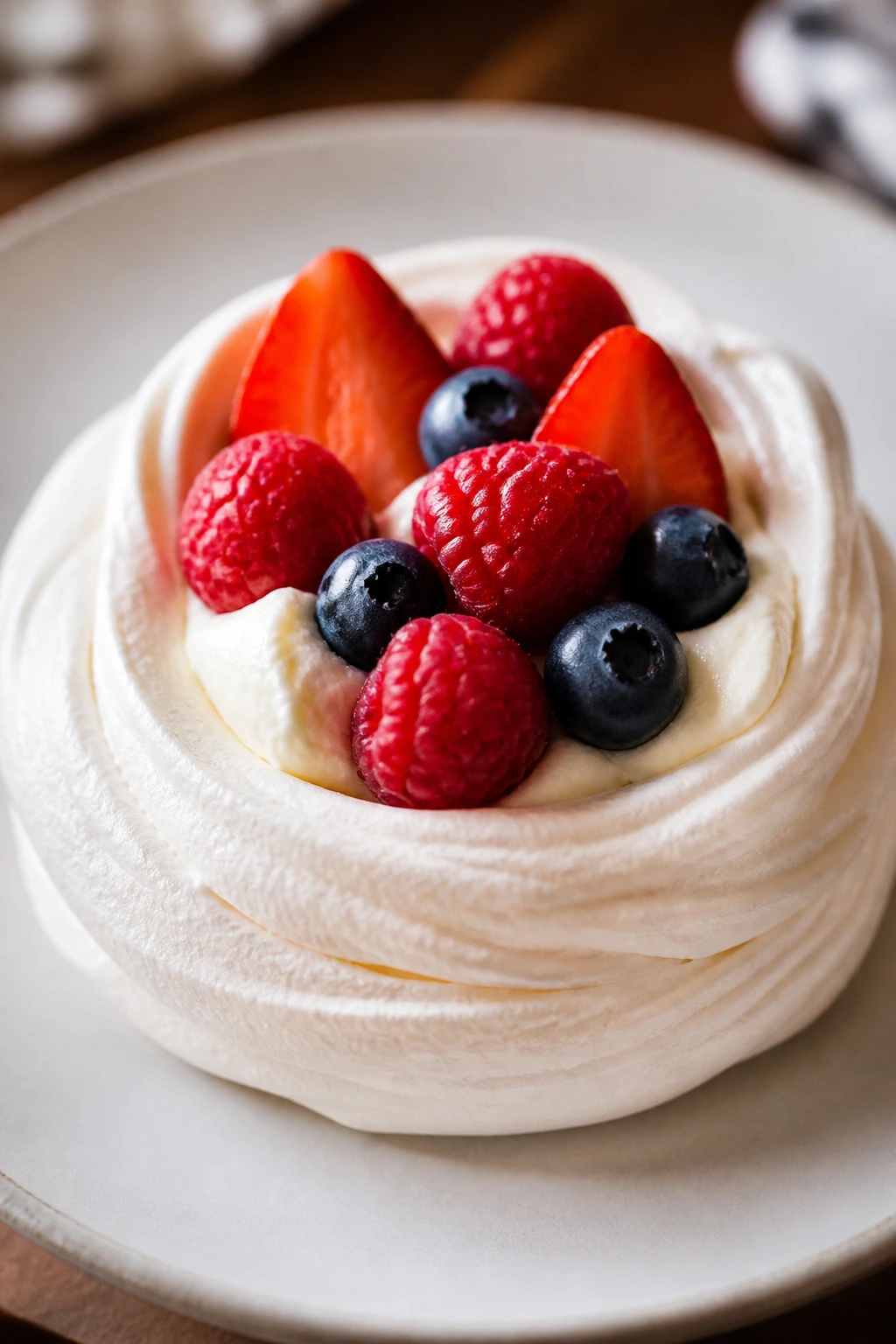 Close-up of a meringue nest filled with cream and berries