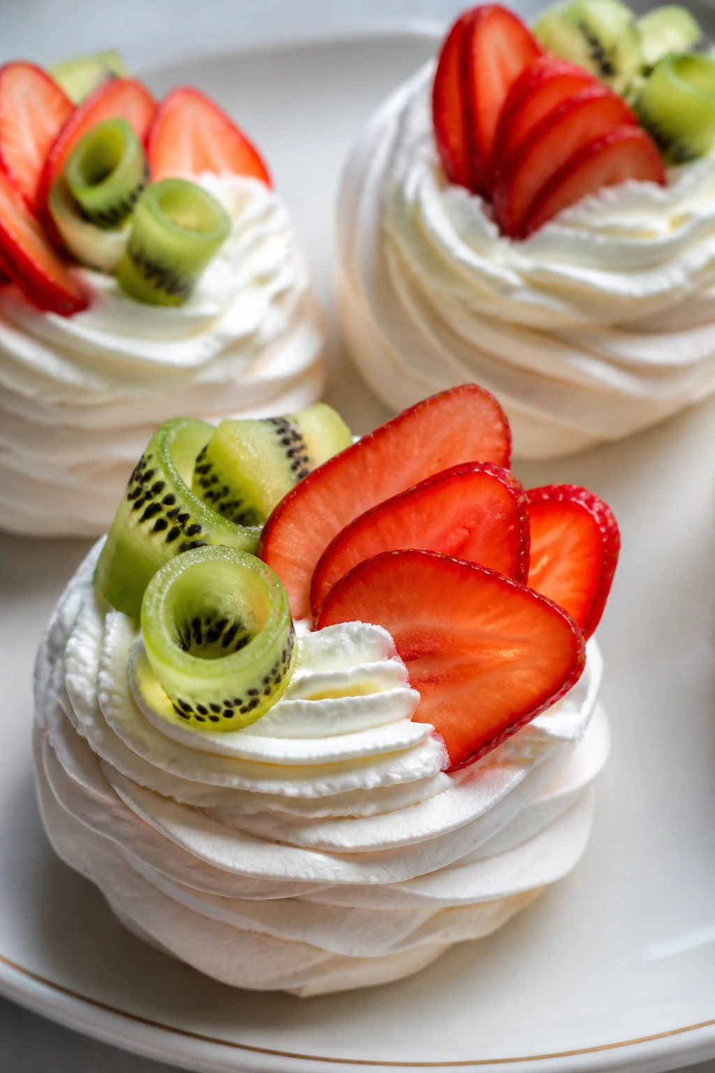 White meringue nests filled with cream and curled fruit on a plate