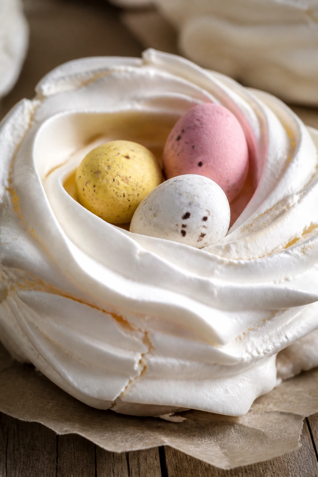 Close-up of vanilla meringue bird nest with candy eggs on parchment