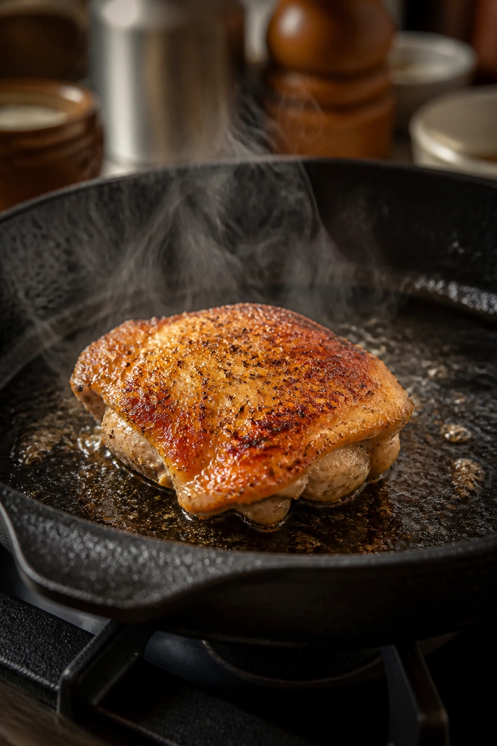 Close-up of a chicken thigh browning in a cast-iron skillet in a warm kitchen