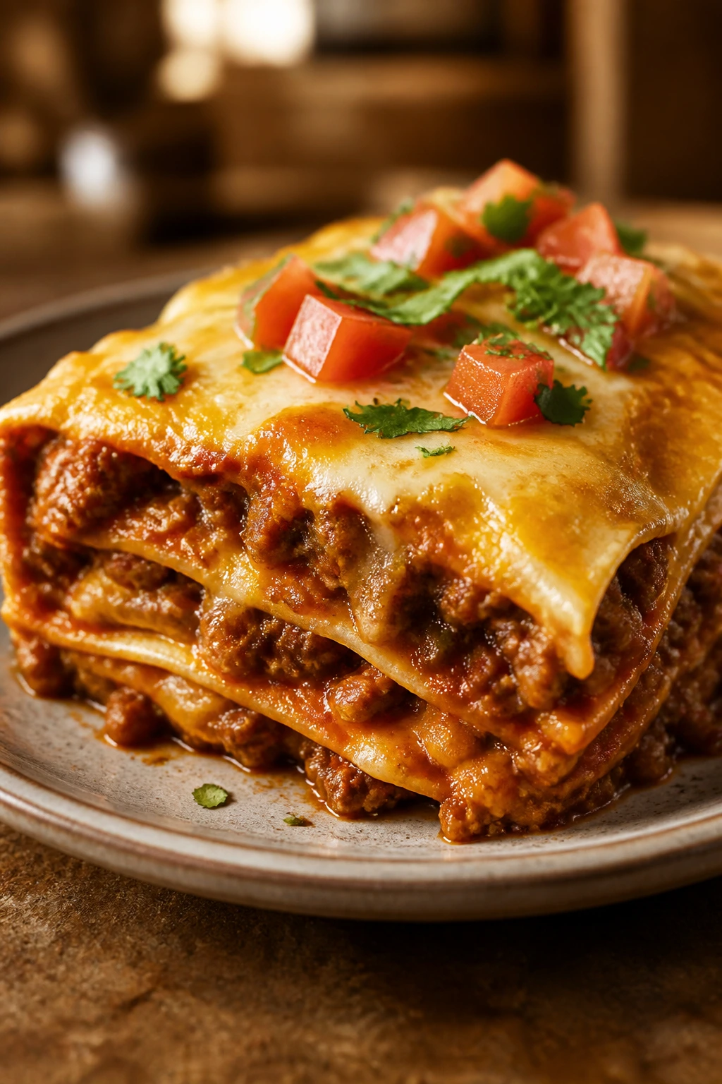 Slice of Mexican lasagna with tortillas and cheese on a plate