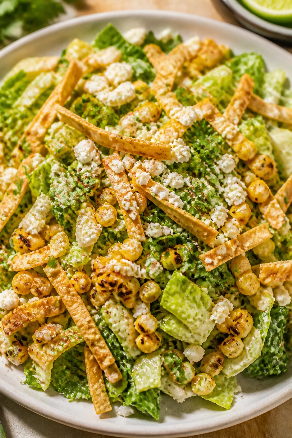Close-up of Mexican Street Corn Chopped Salad with corn and cotija
