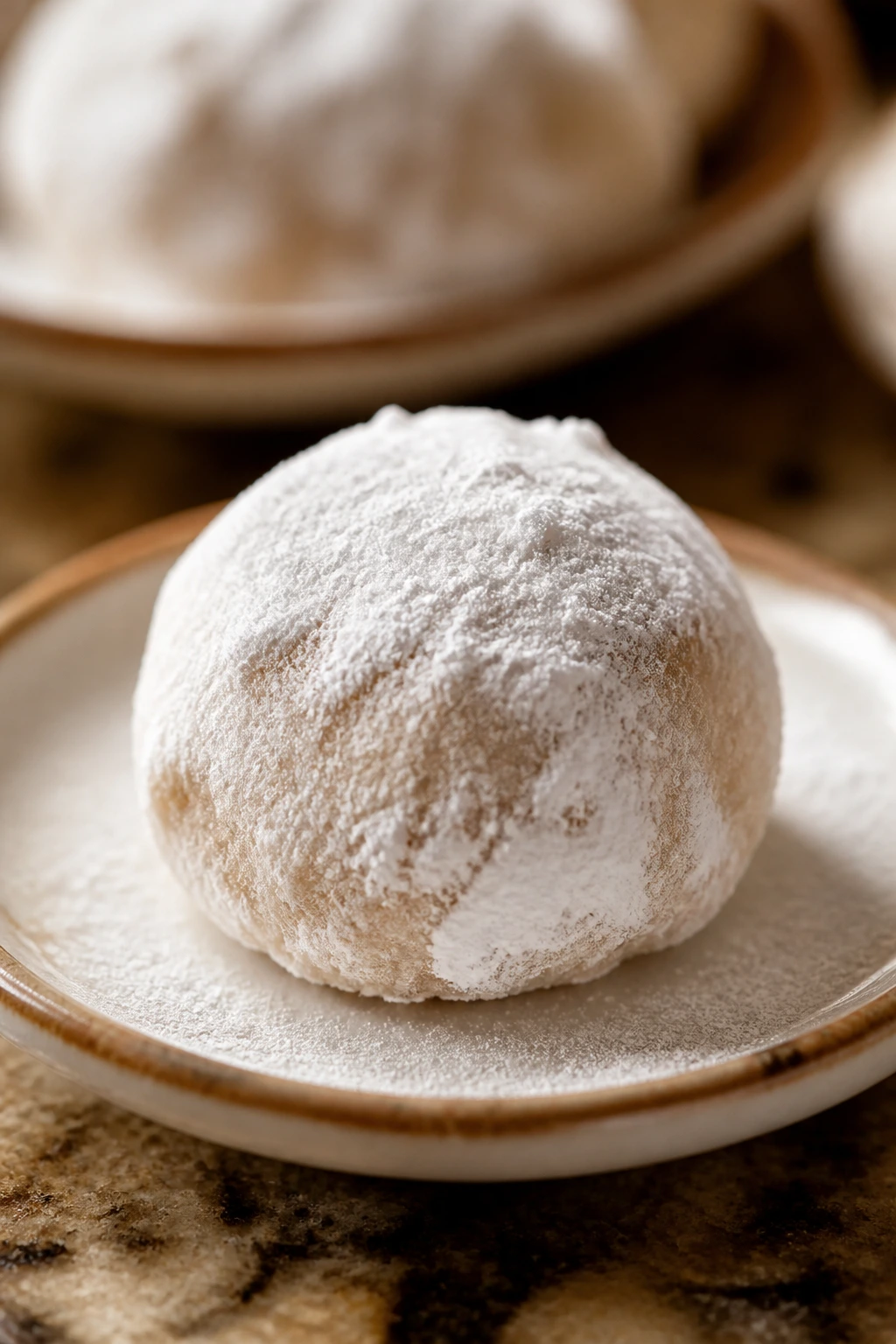 Single powdered-sugar-coated Mexican wedding cookie on a small plate