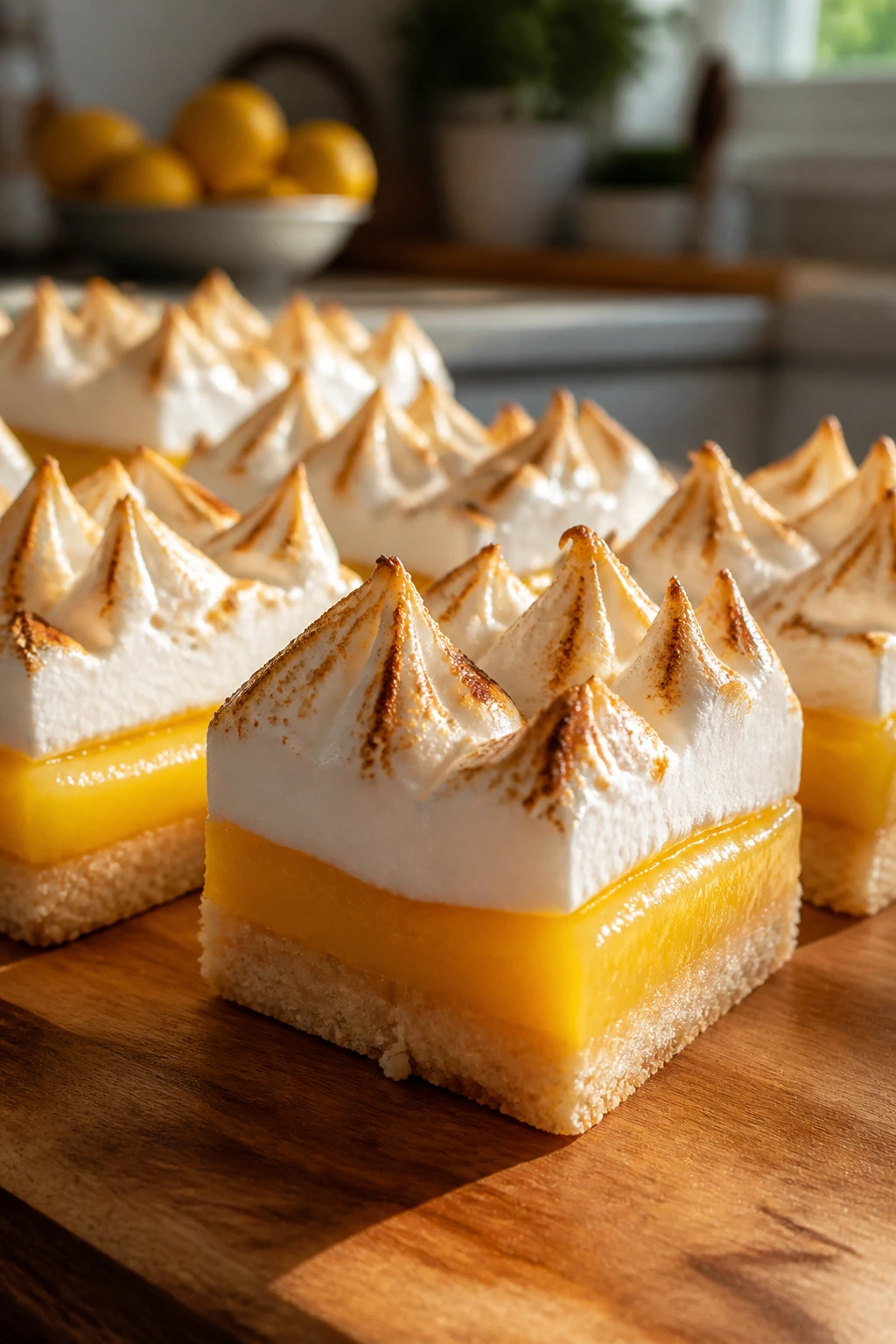 Close-up of Meyer Lemon Meringue Bars with toasted meringue