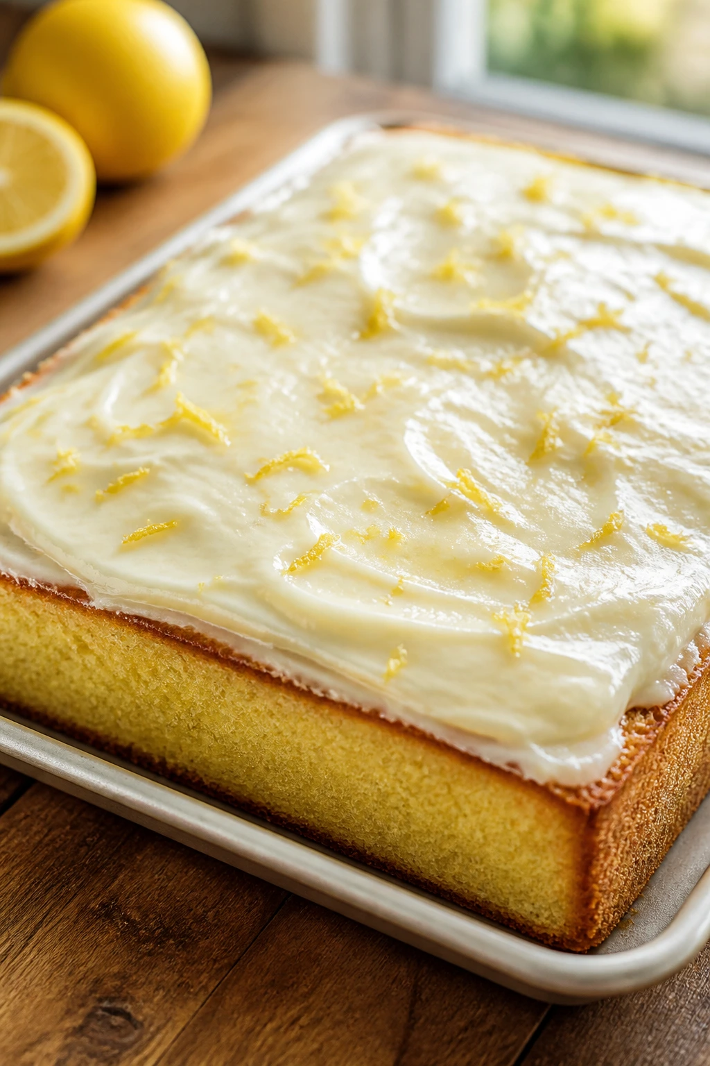 Close-up of Meyer lemon sheet cake with cream cheese frosting on a wooden counter