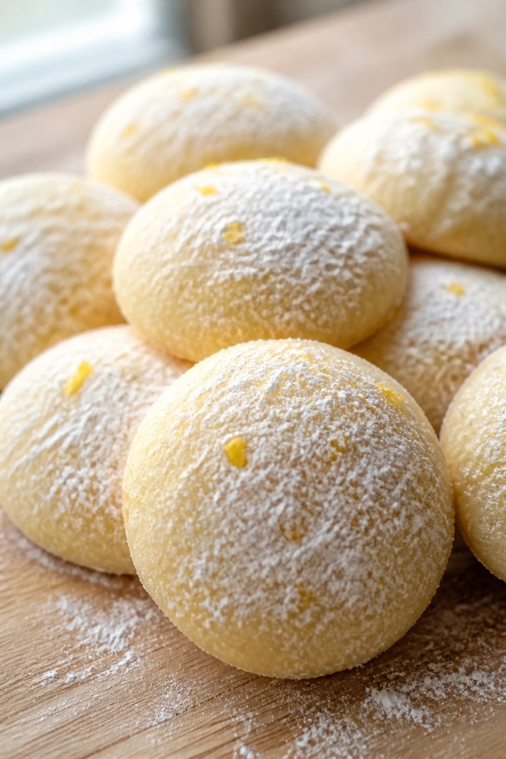 Close-up of Meyer Lemon Soft Meltaways under powdered sugar