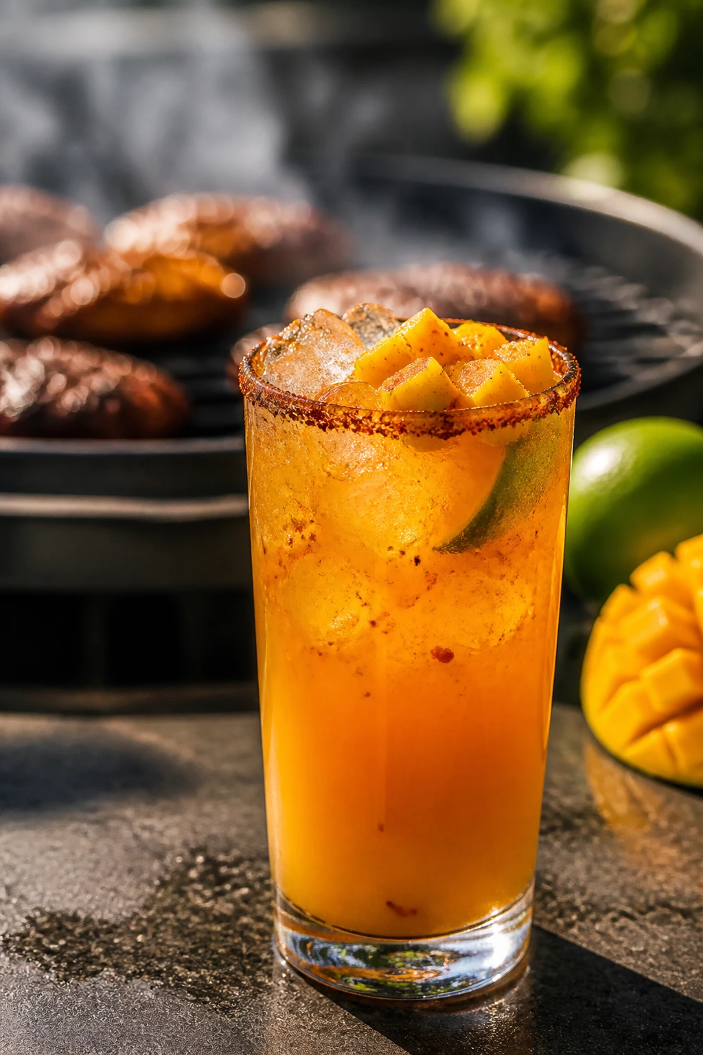 Bold mezcal mango chili spritz with chili rim on a grill-side counter
