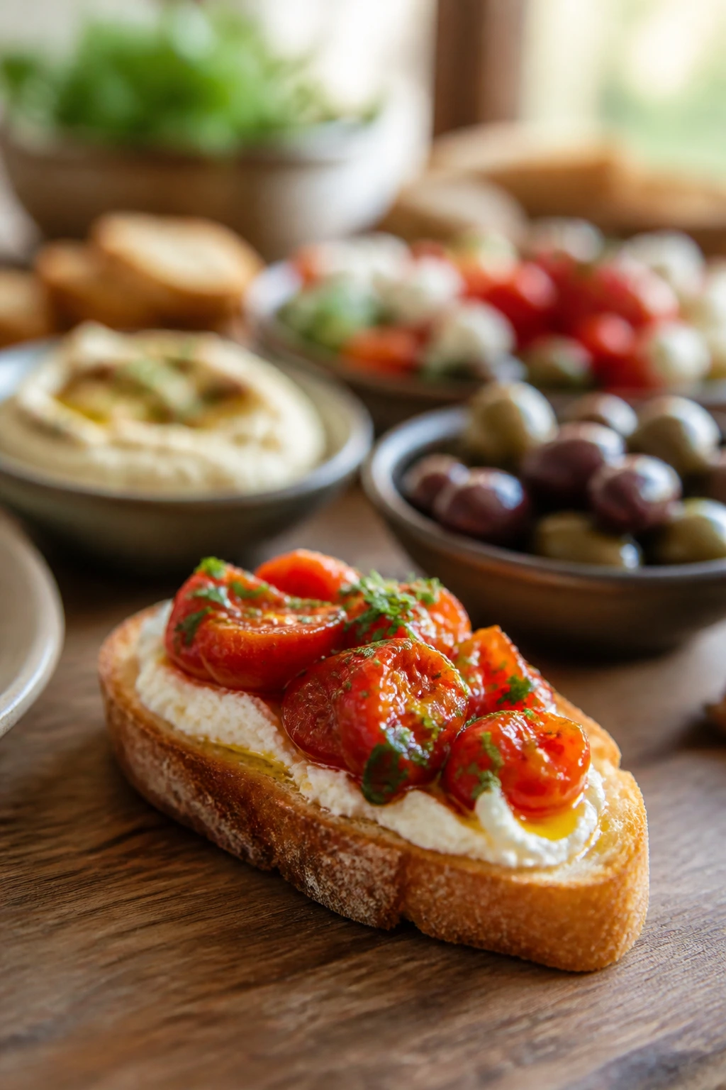 Foreground crostini with mezze spread blurred in the background