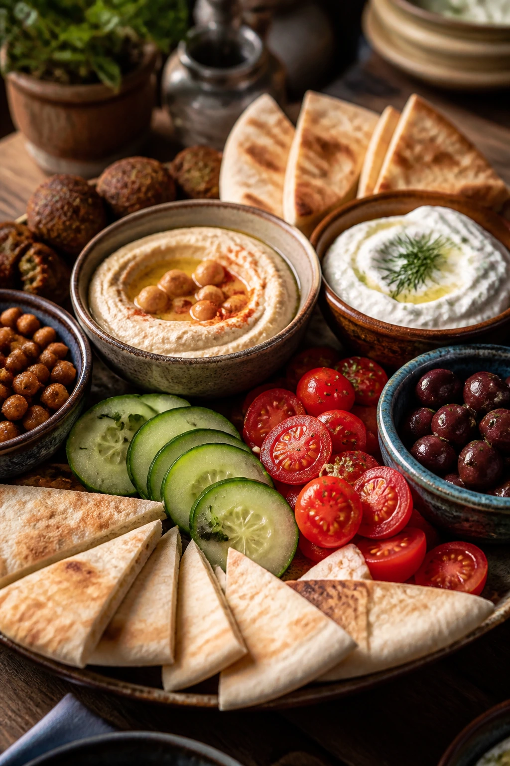 Close-up of mezze spread with hummus, tzatziki, olives, cucumbers, tomatoes, and pita on a wooden table.