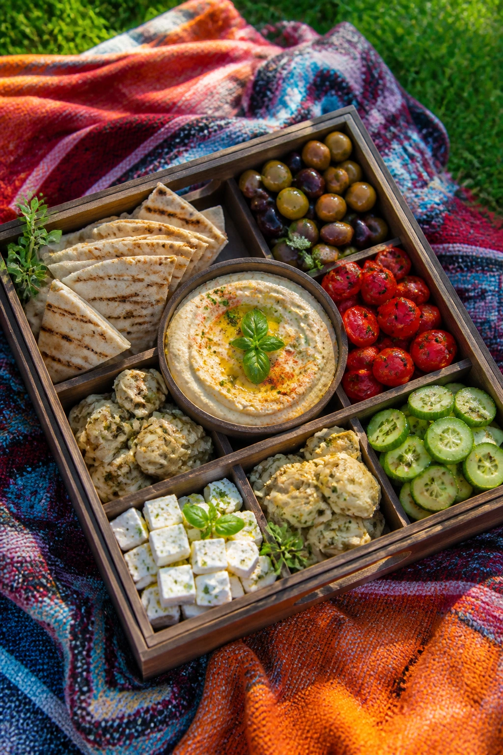 Top-down mezze picnic box with dips and veg on blanket