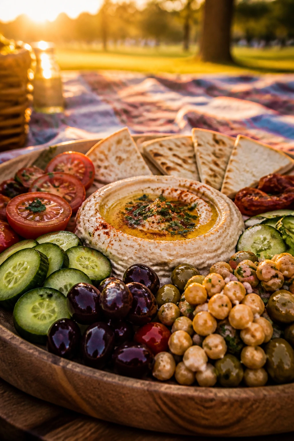 Mediterranean mezze plate on a picnic blanket