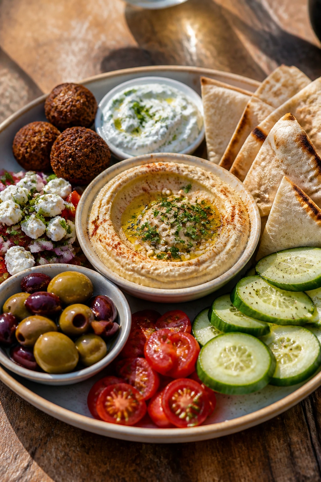 Mezze plate with hummus pita vegetables olives and feta