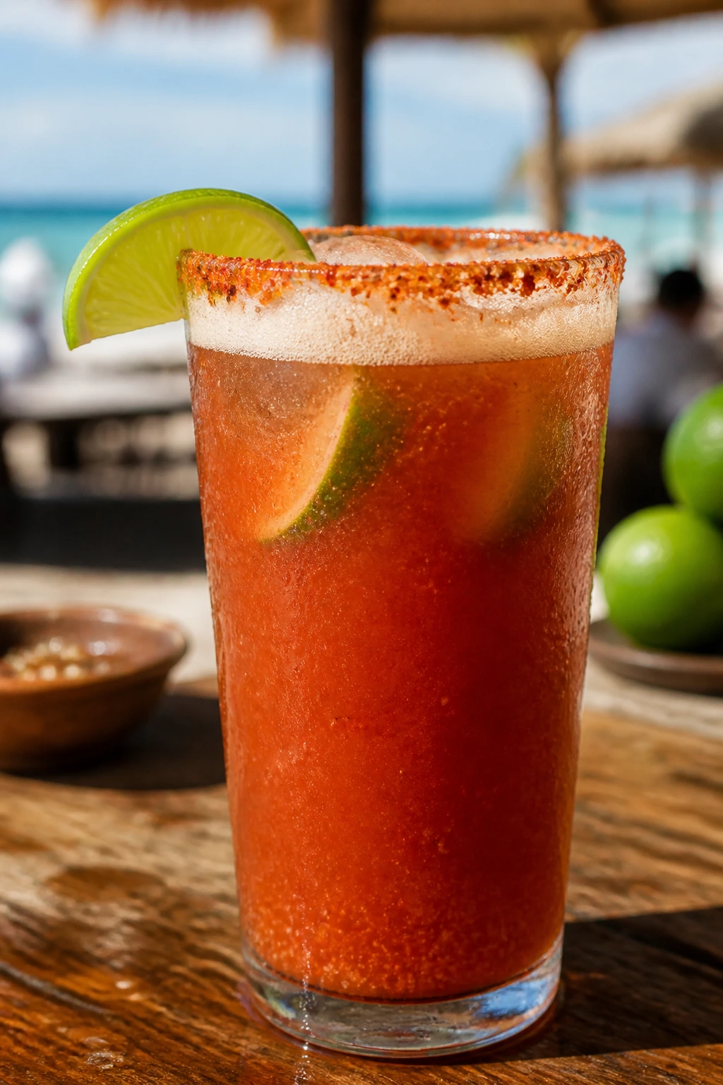 Michelada in a tall glass with TajÃn rim and beer foam on a sunny outdoor setting