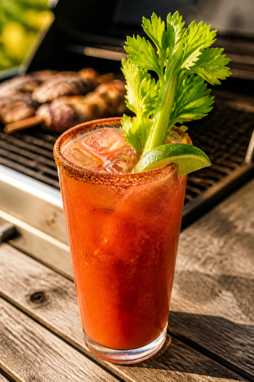 Close-up of a tomato celery michelada in a glass with lime and celery garnish on an outdoor table