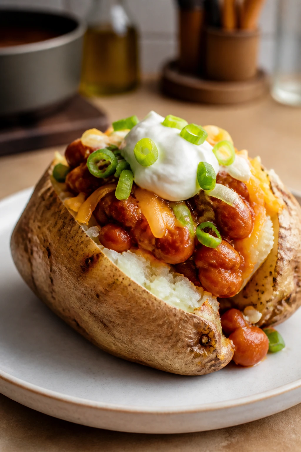 Loaded microwave baked potato with beans and cheese