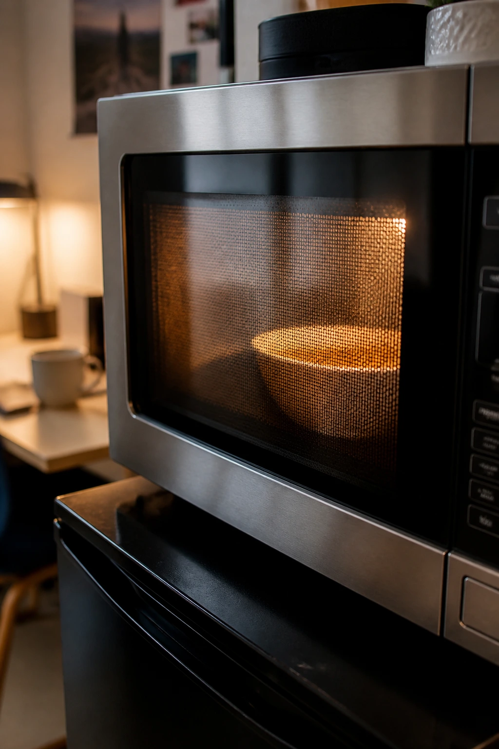 Close-up of a microwave in a dorm kitchenette