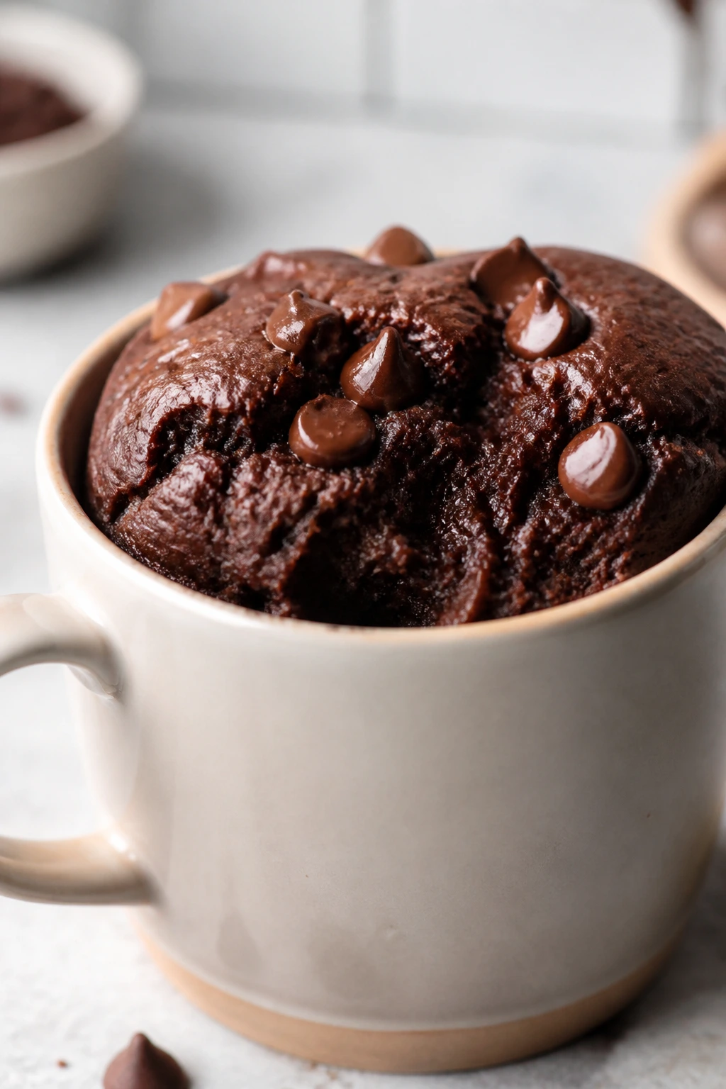 Brownie rising above the rim of a mug on a kitchen counter