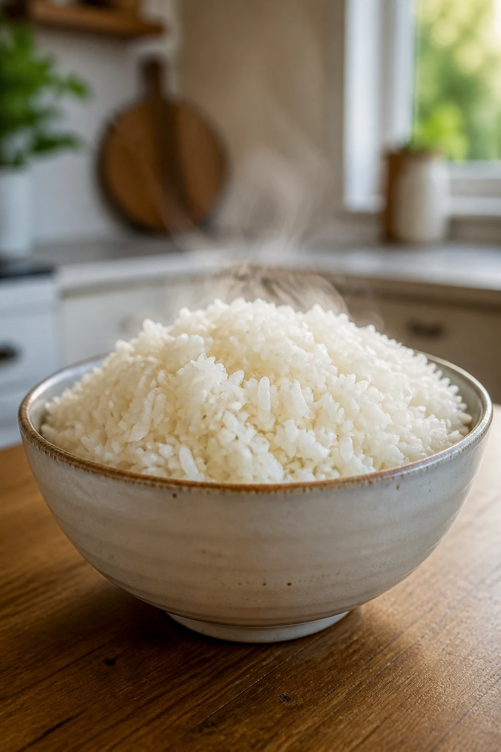 Steaming bowl of fluffy microwave rice as a quick side dish.