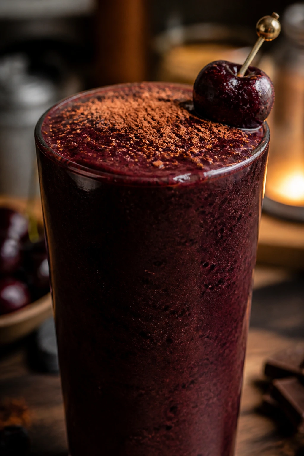 Deep burgundy midnight black forest smoothie in a glass on a dark counter
