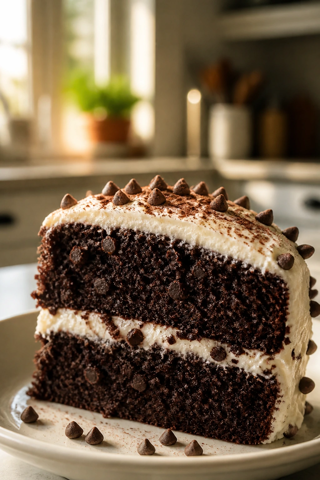 Close-up of Midnight Mocha Slice with espresso powder and chocolate chips in the crumb
