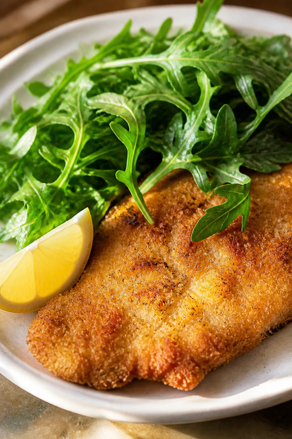Crispy chicken Milanese with arugula salad and lemon on a plate