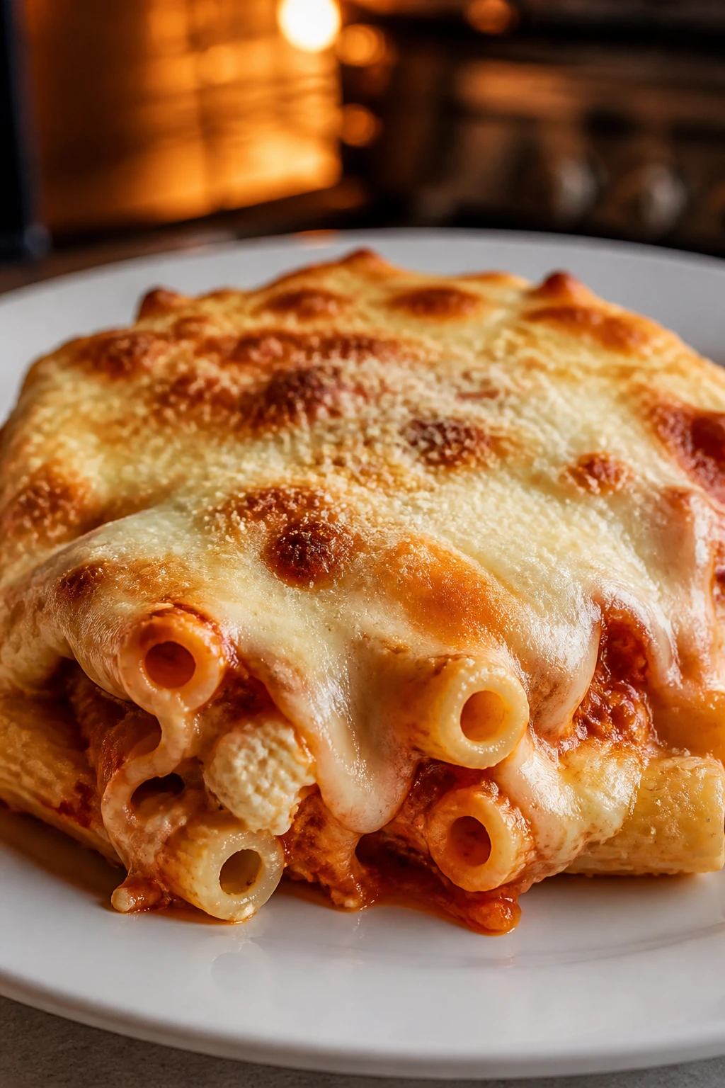 Mild baked ziti on plate with melted cheese