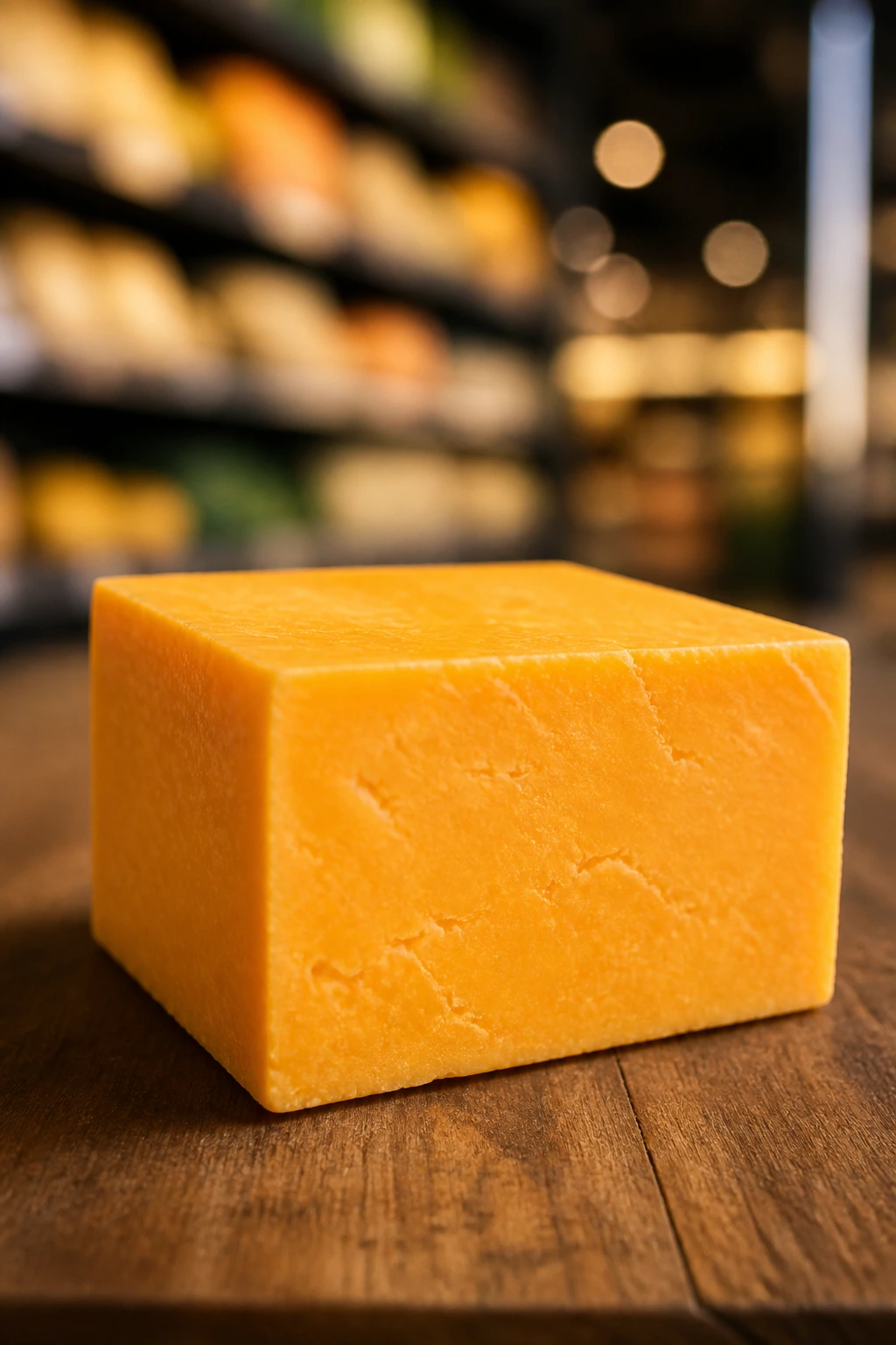 Block of mild cheddar cheese on kitchen counter with store backdrop