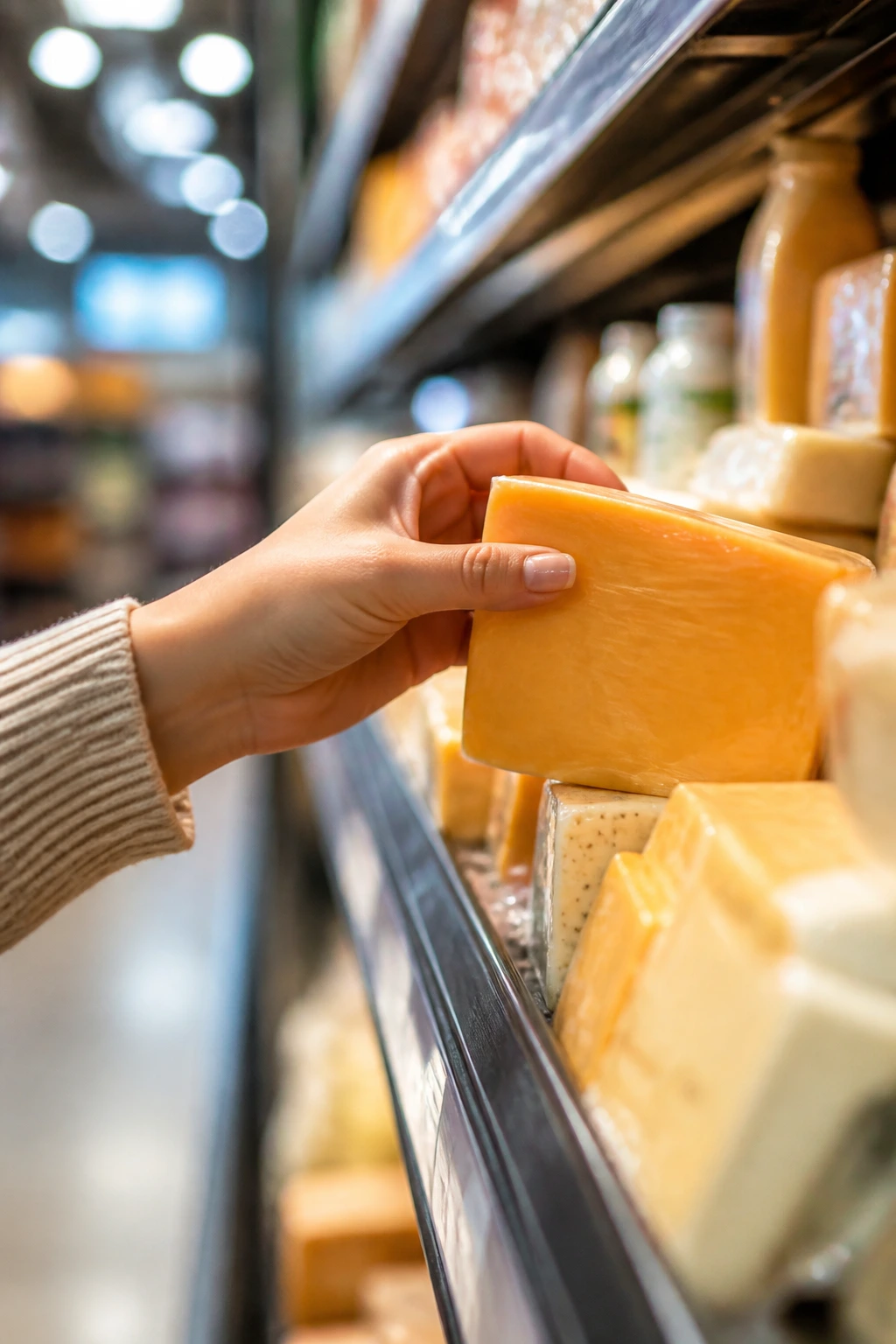 Hand selecting mild cheddar cheese from grocery store shelf