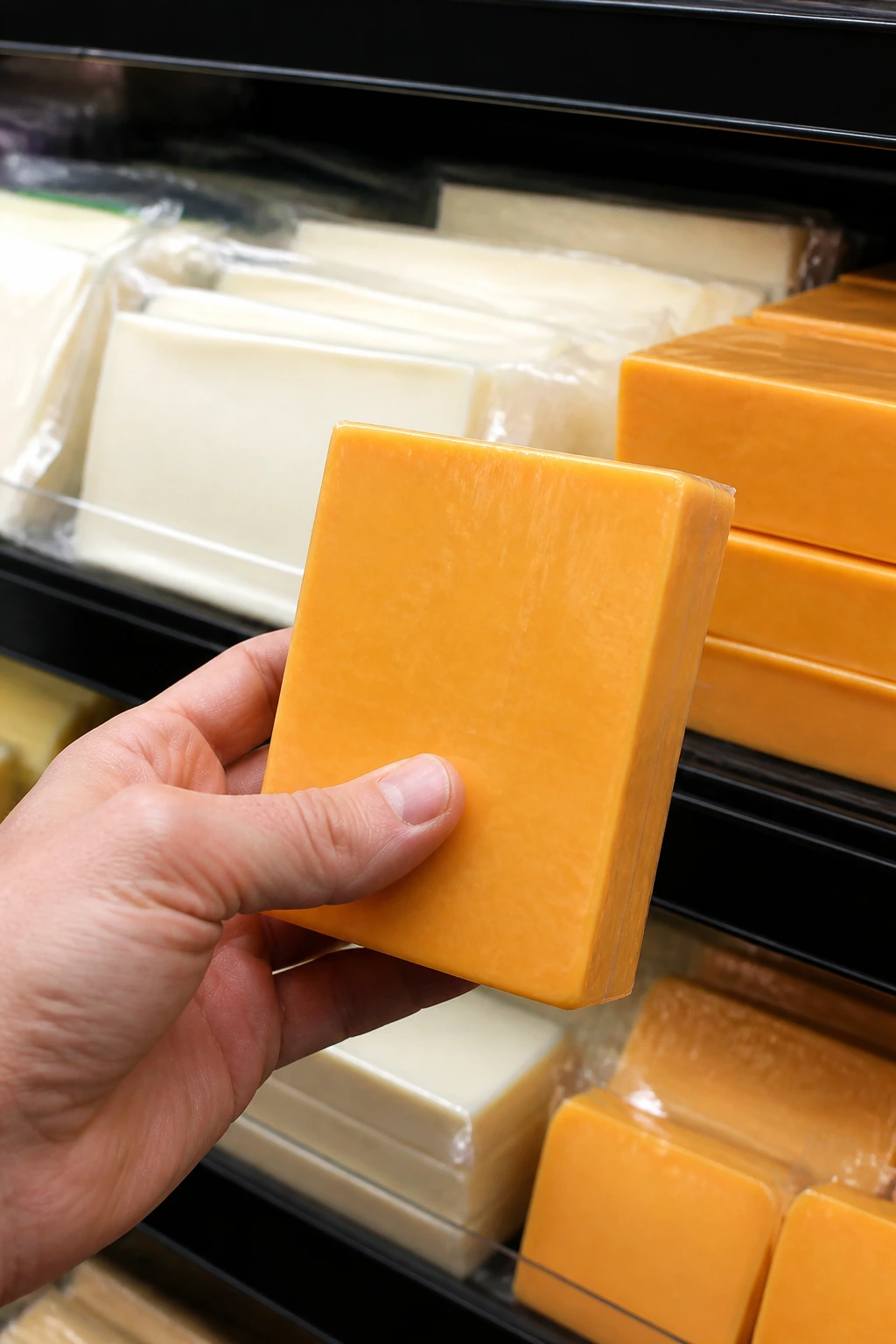 Hand selecting mild cheddar in a grocery store