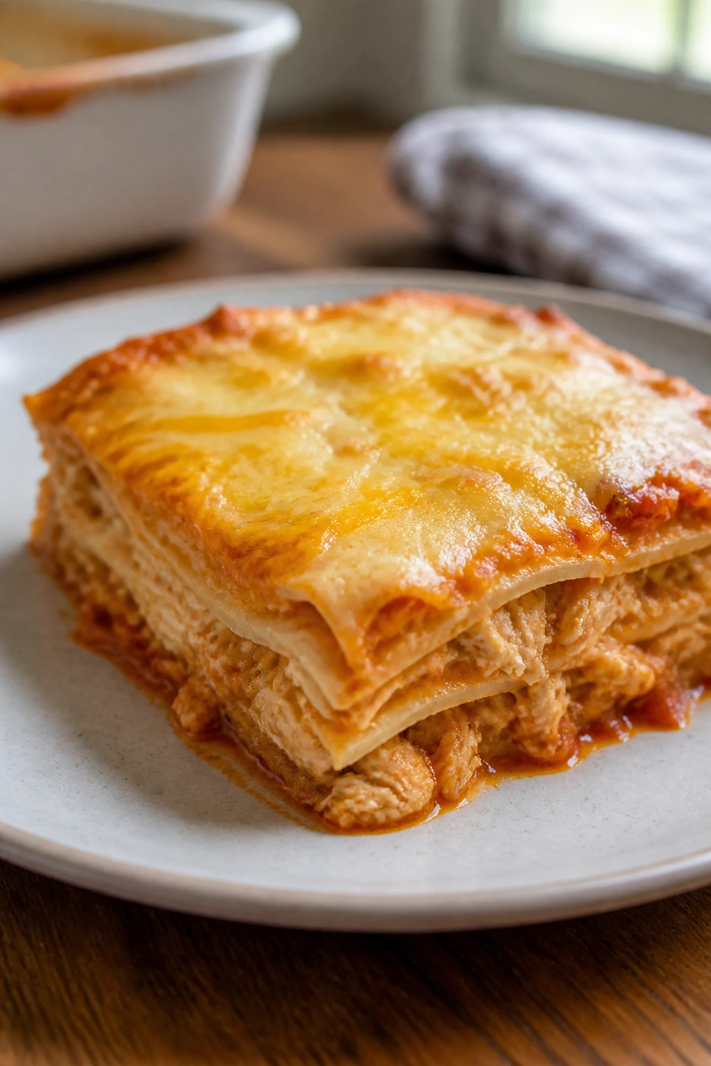 Plated slice of mild chicken enchilada casserole