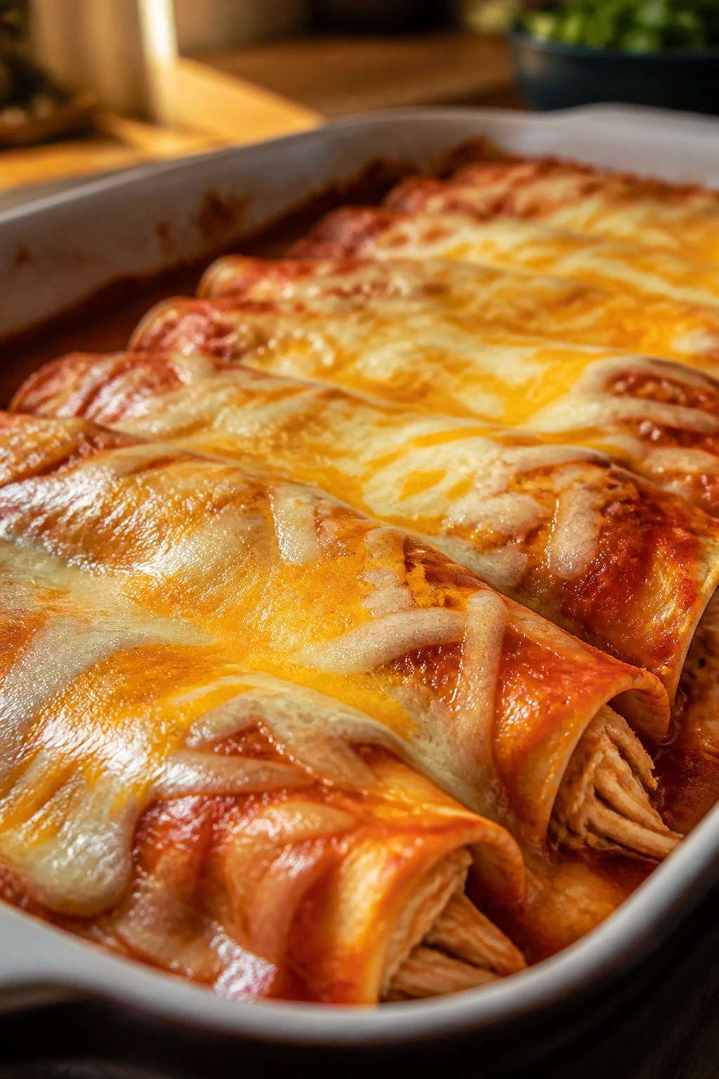 Close-up of mild chicken enchiladas in a baking dish