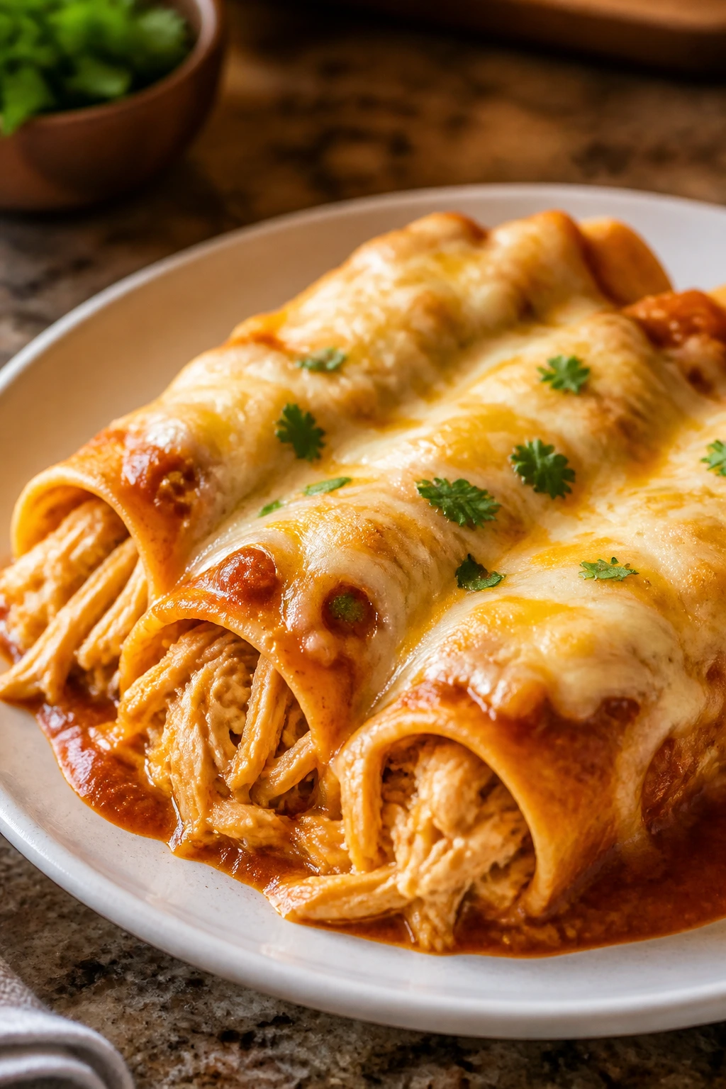 Plate of mild chicken enchiladas with cheese