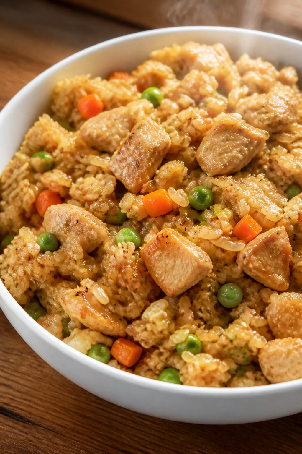Close-up of mild chicken fried rice in a white bowl