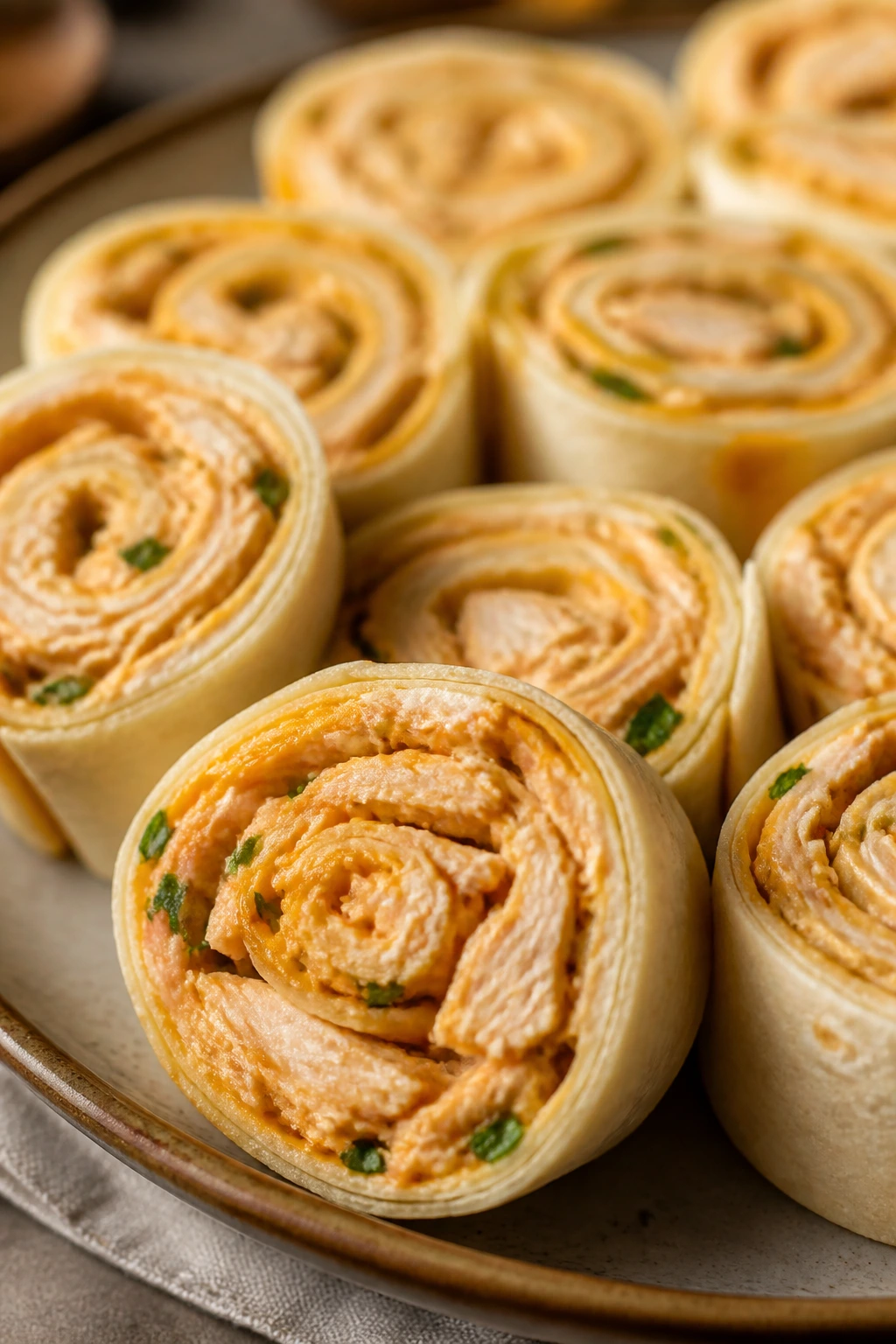 Cross-section of mild chicken taco pinwheels showing creamy filling