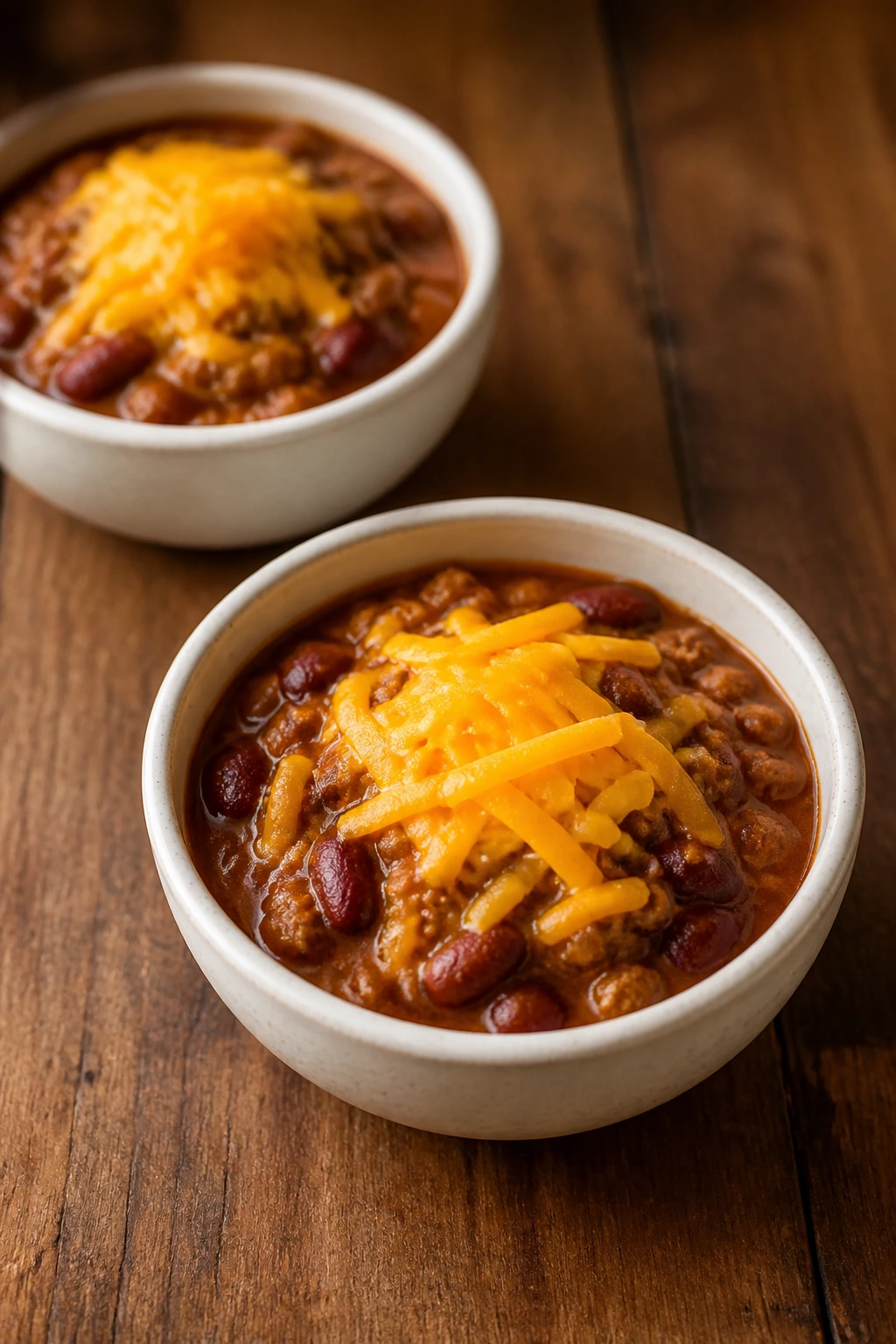 Two bowls of mild chili with cheddar topping on a wooden table